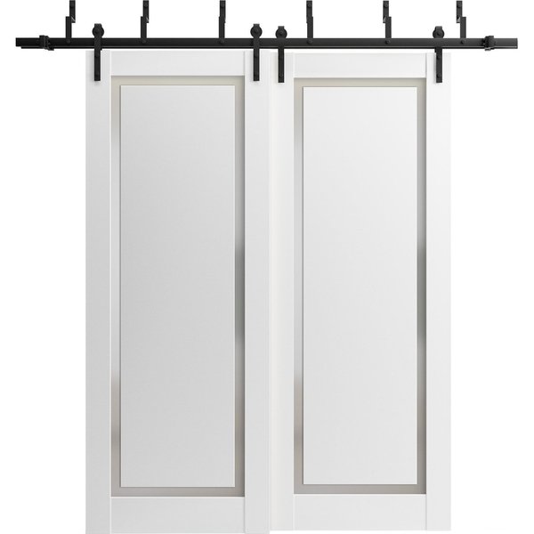 Sartodoors Sliding Closet Barn Bypass Doors 56 x 80in, Painted White W/ Frosted Glass, Sturdy 6.6ft Rails PLANUM0888BBB-BEM-56